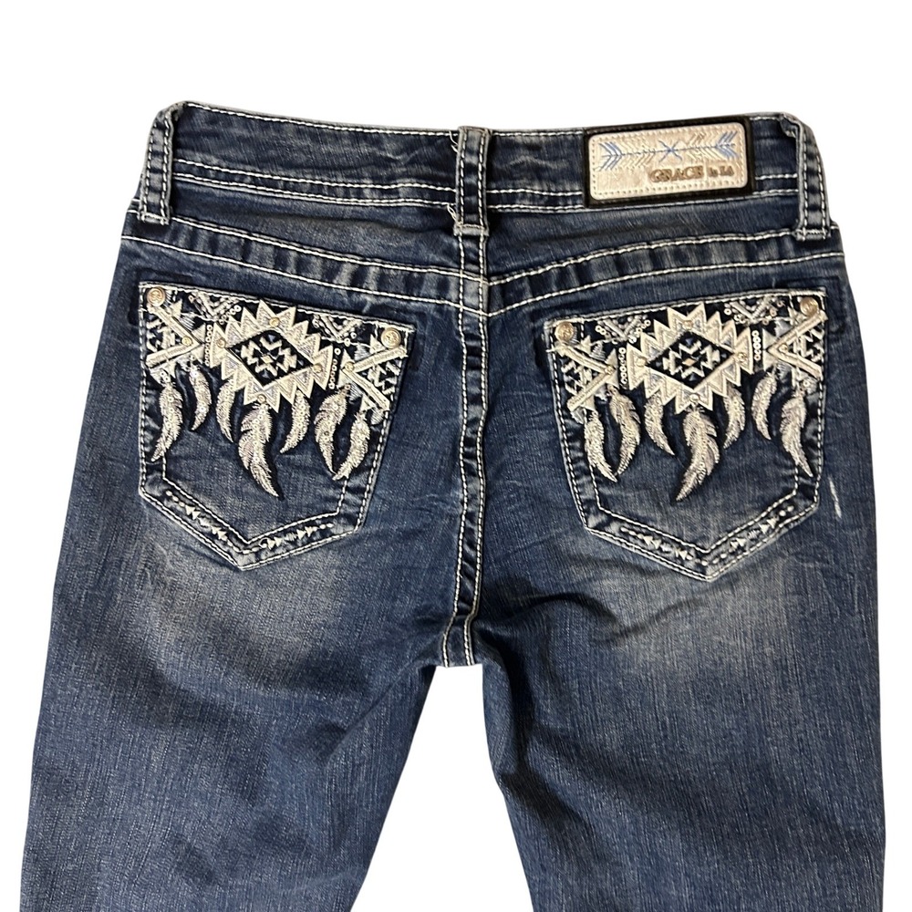 Grace in LA Bootcut Jeans Womens 25 Blue Aztec Embroidered Pockets Cowgirl 25x32
